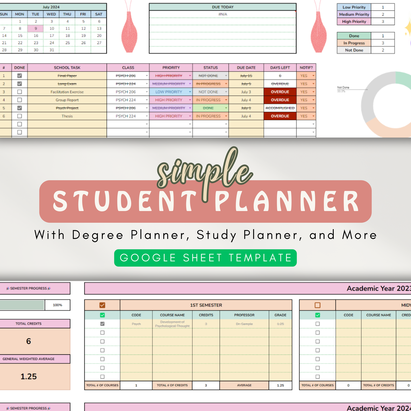 Simple Student Planner | With GWA Calculator, Study Planner, Requirements Tracker (Google Sheet Template)