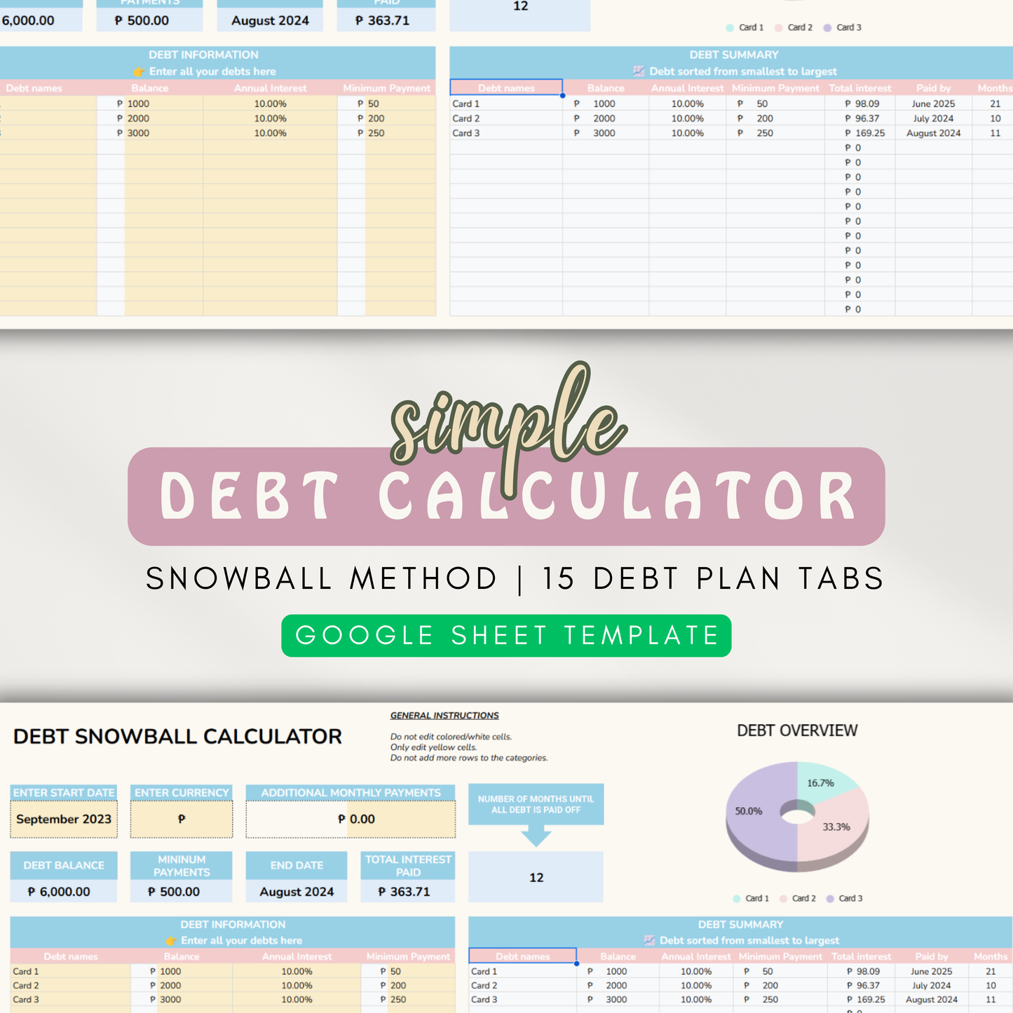 Simple Debt Calculator | Snowball Method, 15 Debt Plan Tabs, Instant Debt Insights (Google Sheet Template)