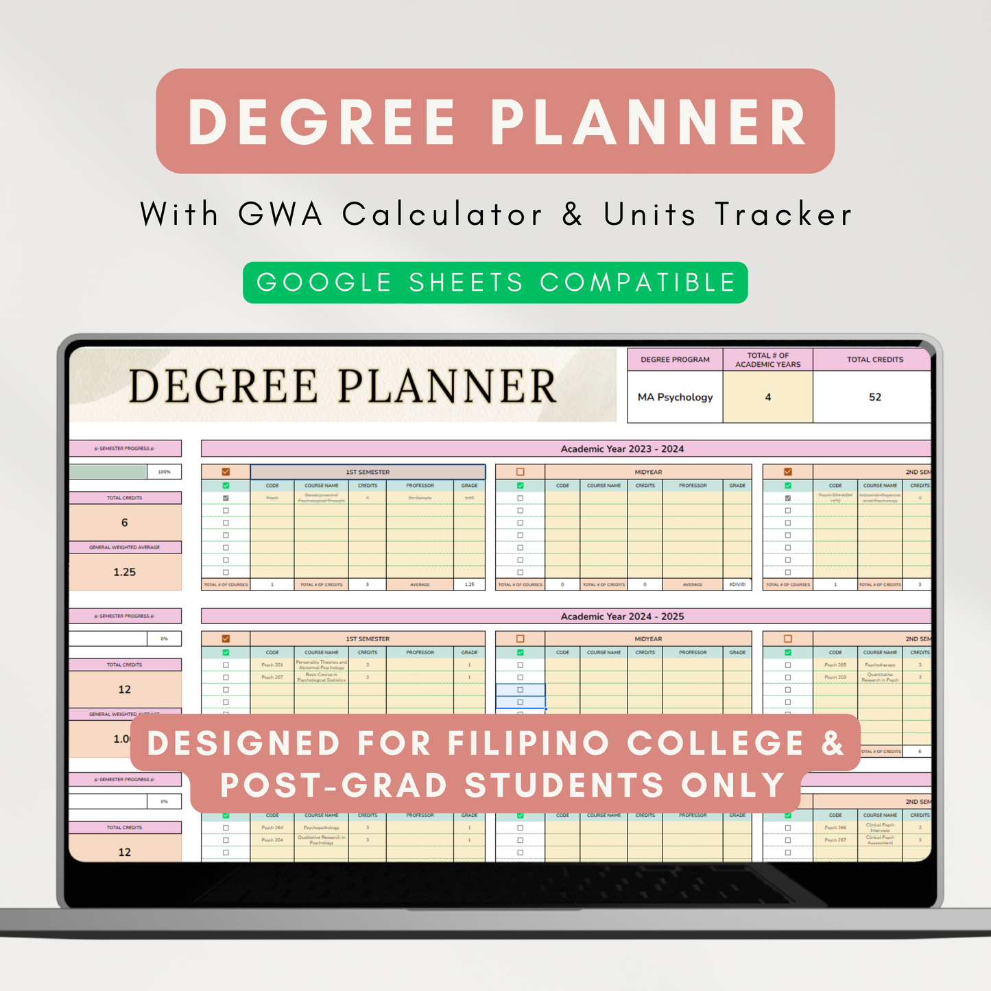 Simple Student Planner | With GWA Calculator, Study Planner, Requirements Tracker (Google Sheet Template)