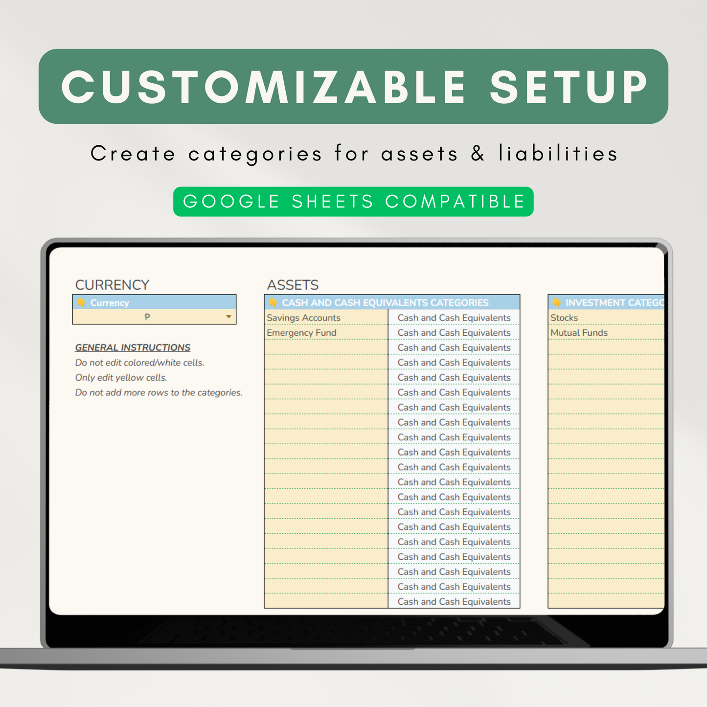 Net Worth Navigator | Assets & Liabilities Tracker, Customizable Categories, Net Worth Overview (Google Sheet Template)
