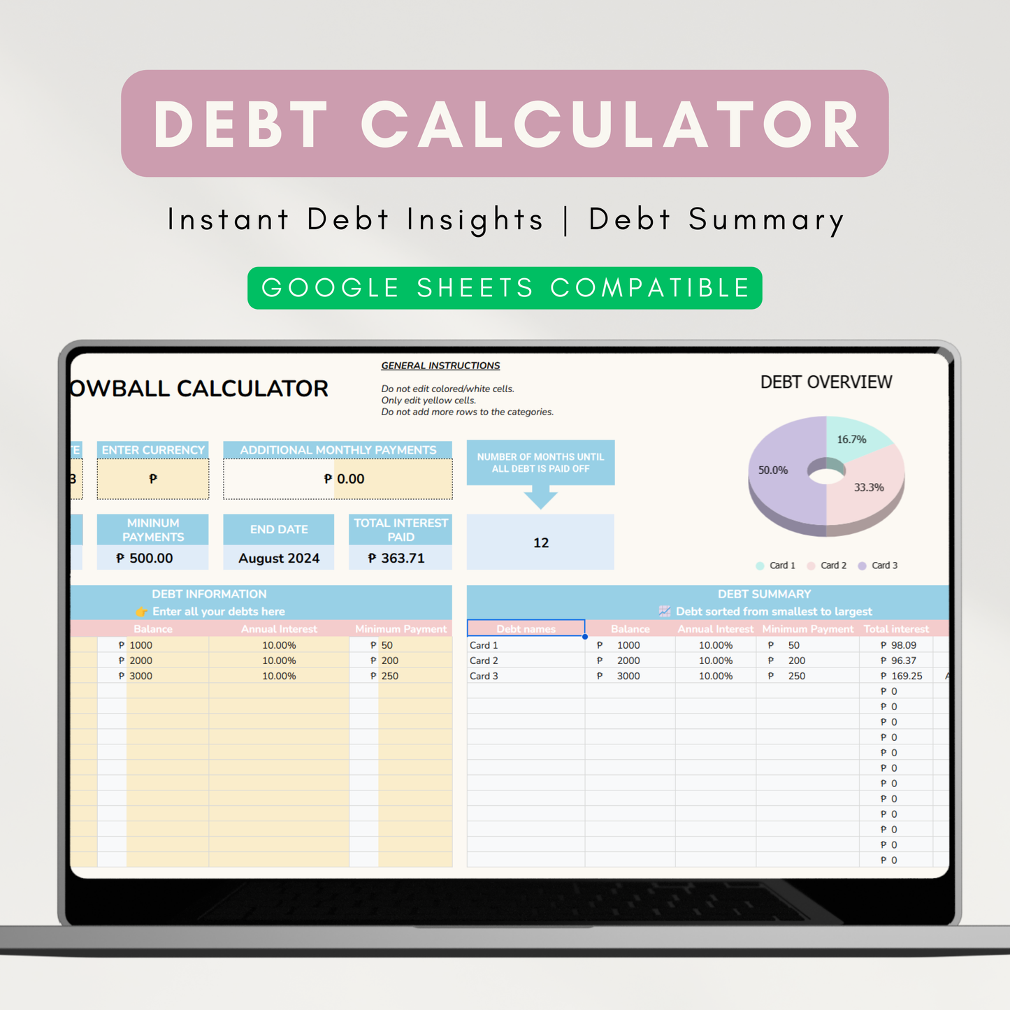 Simple Debt Calculator | Snowball Method, 15 Debt Plan Tabs, Instant Debt Insights (Google Sheet Template)