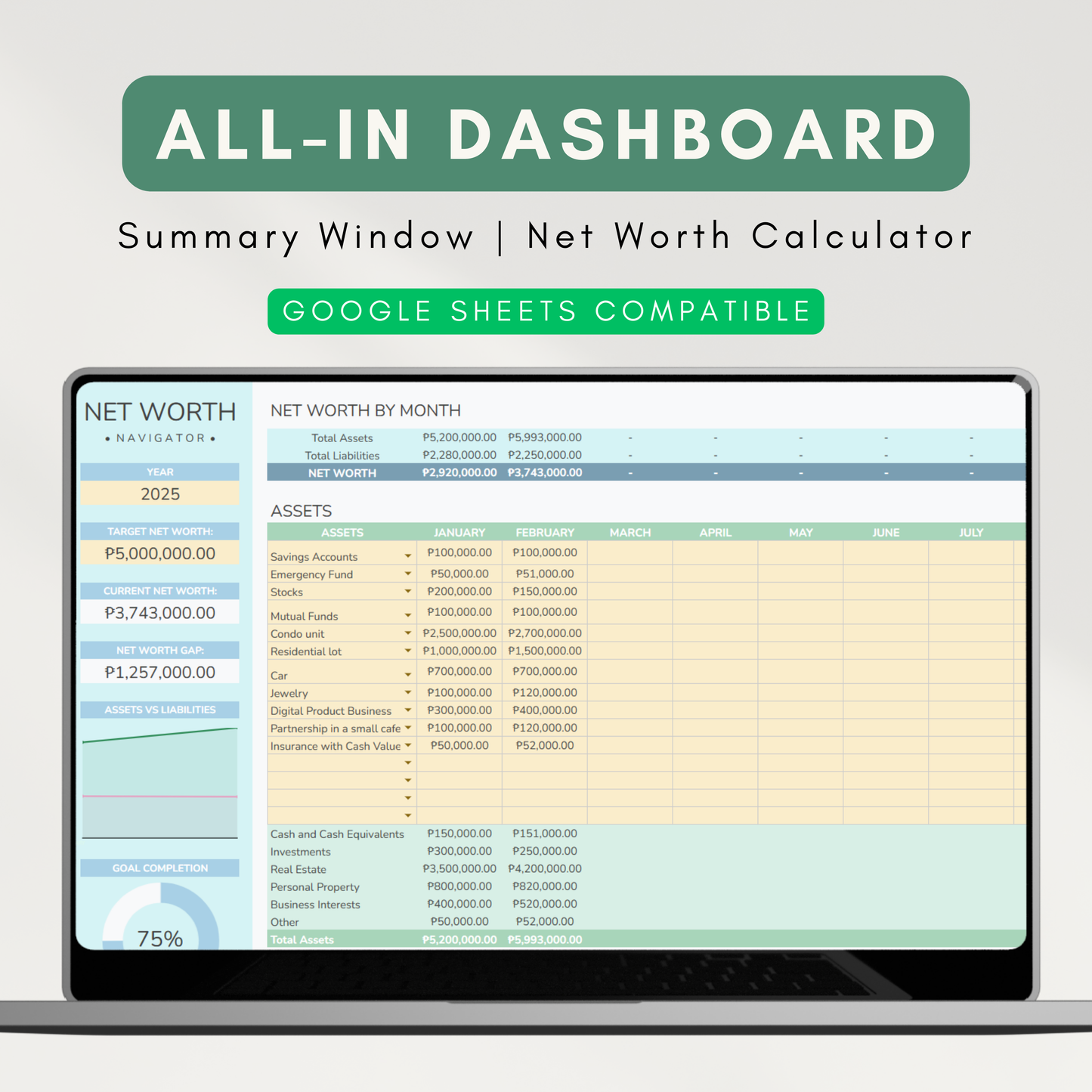Net Worth Navigator | Assets & Liabilities Tracker, Customizable Categories, Net Worth Overview (Google Sheet Template)