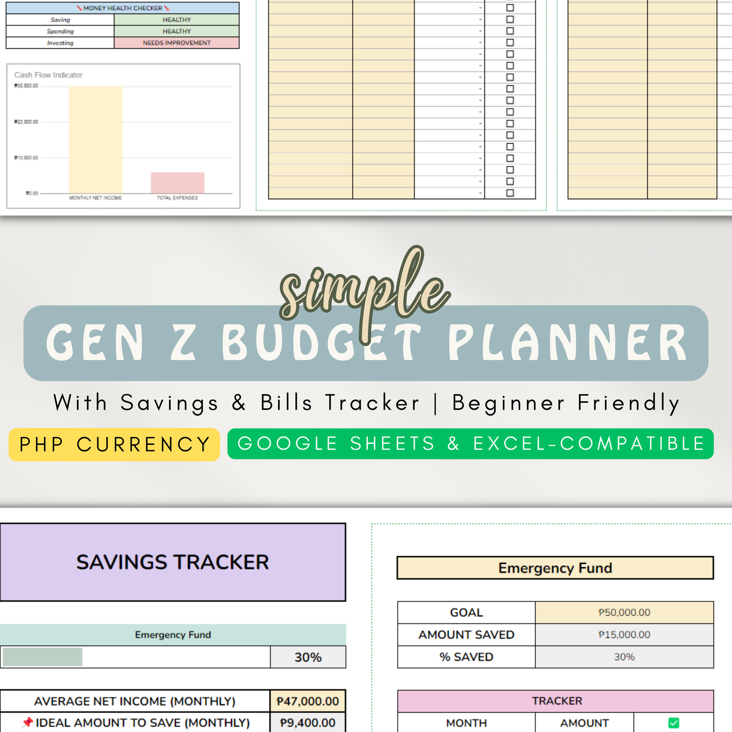 Simple Gen Z Budget Planner Template with Savings & Bills Tracker (Google Sheet Template)