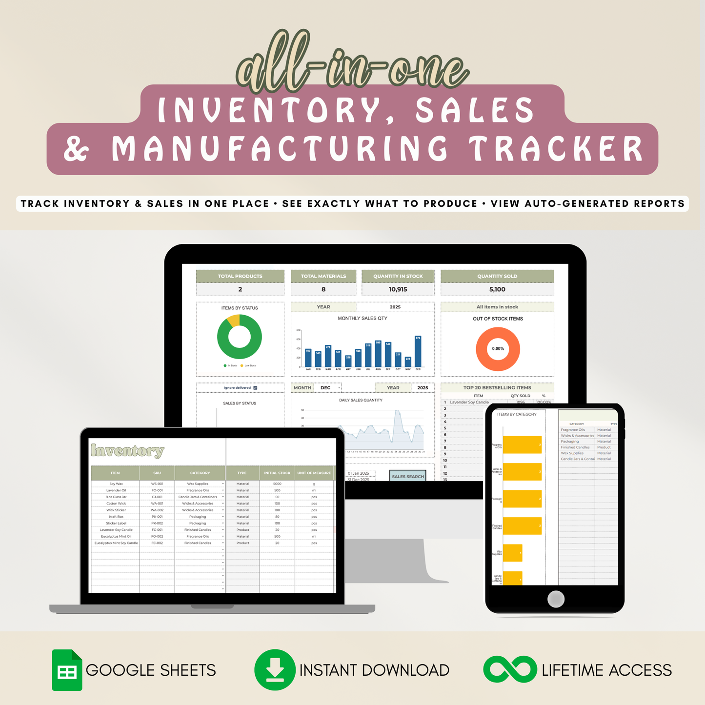 Inventory, Sales, and Manufacturing Tracker | All-in-One Stock Management, Sales Log, Supplier Tracker, and Production System (Google Sheet Template)