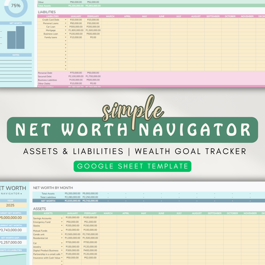 Net Worth Navigator | Assets & Liabilities Tracker, Customizable Categories, Net Worth Overview (Google Sheet Template)