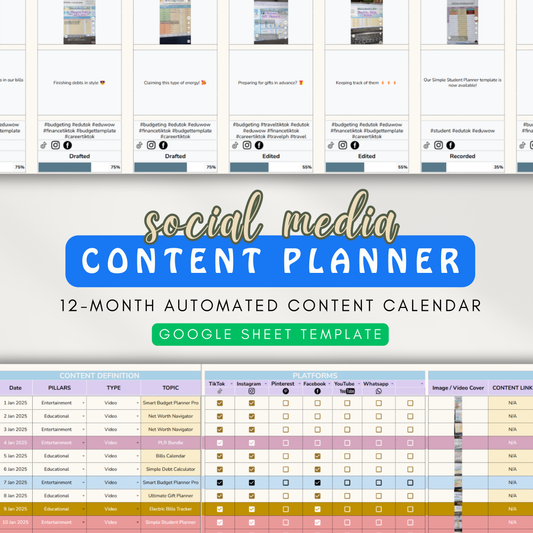 Social Media Content Planner | 12-Month Automated Content Calendar, Customizable Content Planner (Google Sheet Template)