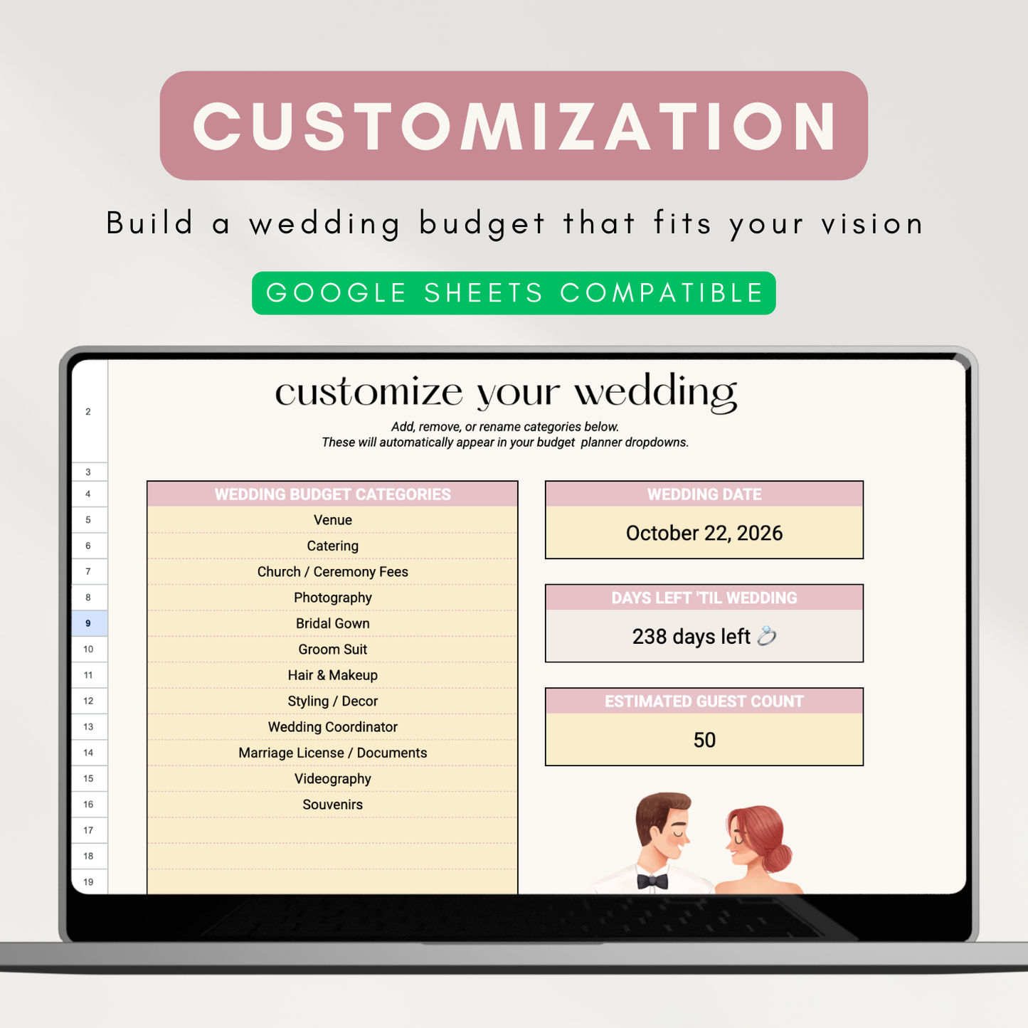 Simple Wedding Budget Planner | Customizable Budget Allocation, Supplier Comparison & Cost-Per-Guest Tracker (Google Sheet Template)