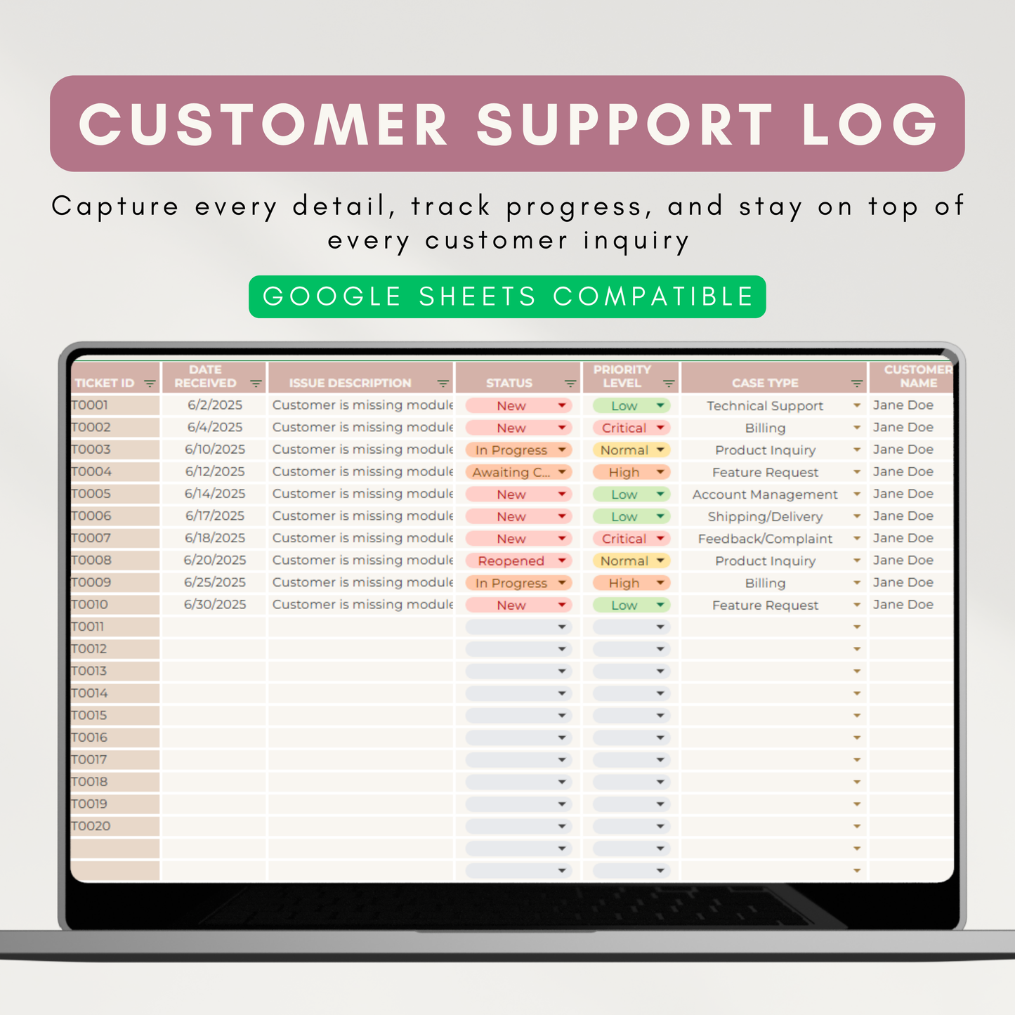 Ultimate Customer Support Tracker | Ticket Logging System, Auto ChatGPT Reply Assistant & Dashboard Analytics (Google Sheet Template)