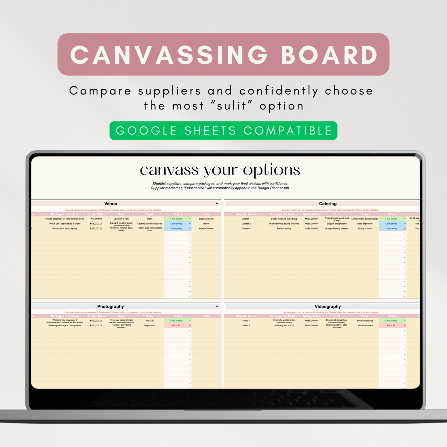 Simple Wedding Budget Planner | Customizable Budget Allocation, Supplier Comparison & Cost-Per-Guest Tracker (Google Sheet Template)