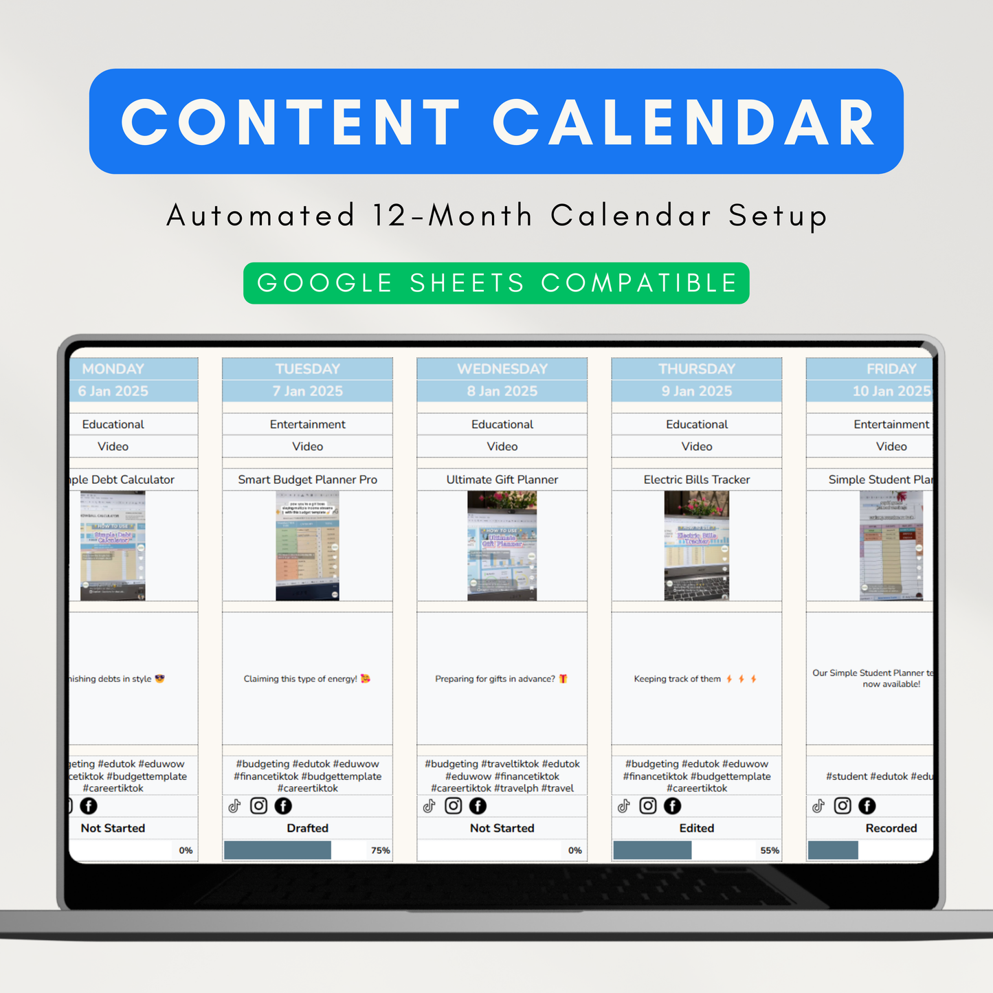 Social Media Content Planner | 12-Month Automated Content Calendar, Customizable Content Planner (Google Sheet Template)