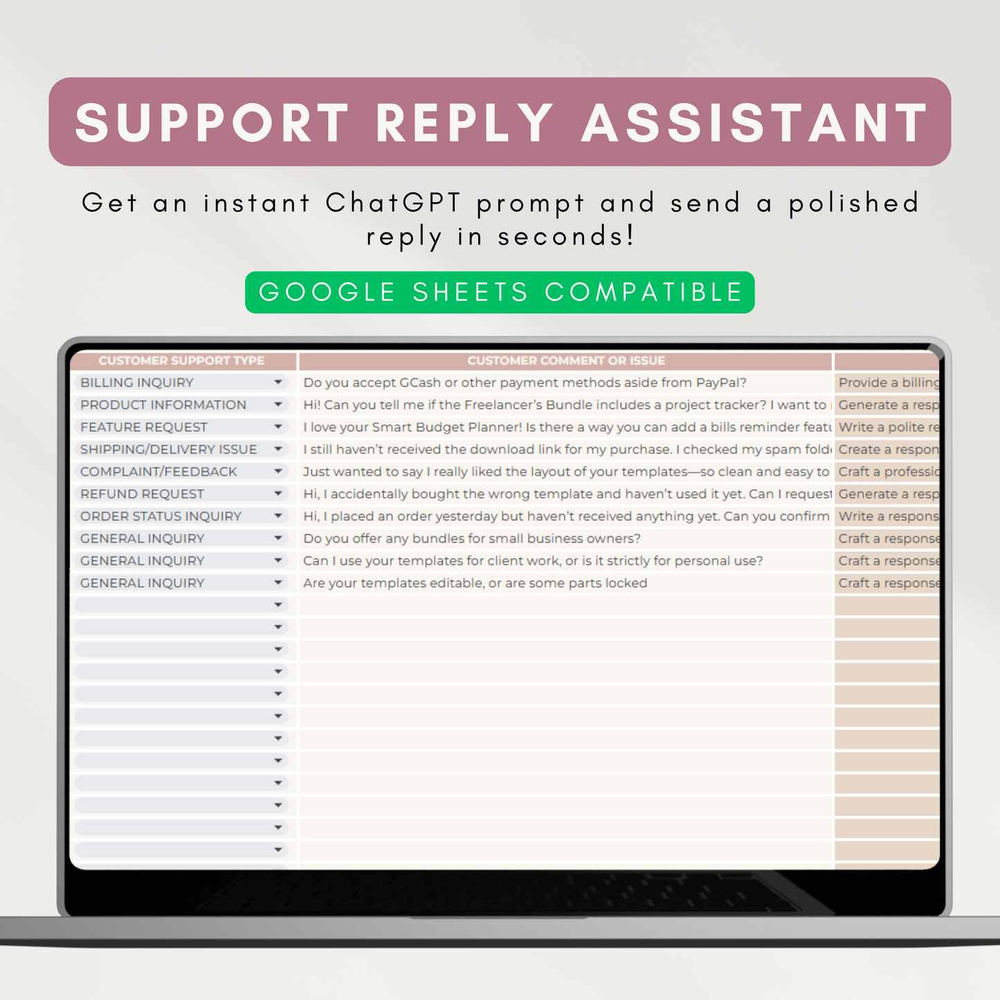 Ultimate Customer Support Tracker | Ticket Logging System, Auto ChatGPT Reply Assistant & Dashboard Analytics (Google Sheet Template)