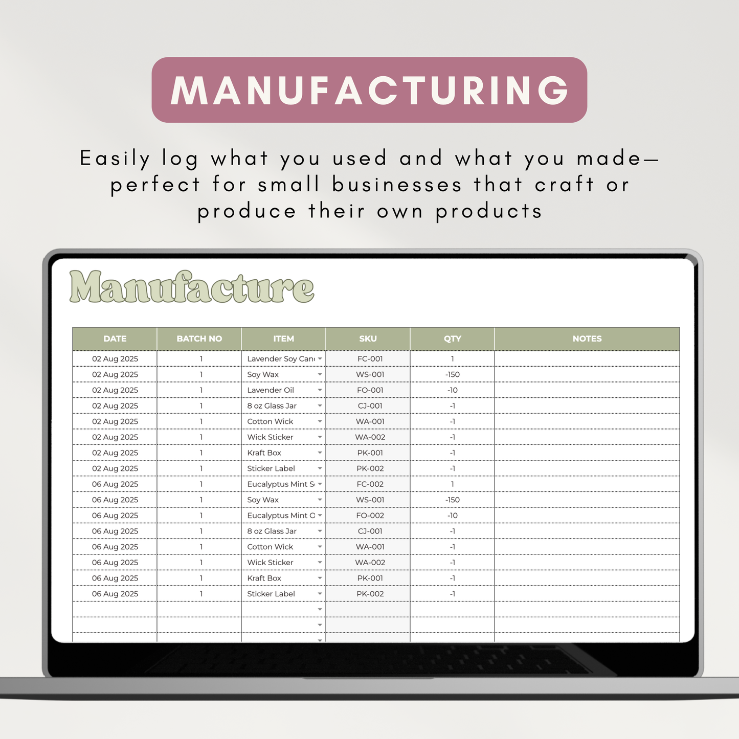 Inventory, Sales, and Manufacturing Tracker | All-in-One Stock Management, Sales Log, Supplier Tracker, and Production System (Google Sheet Template)