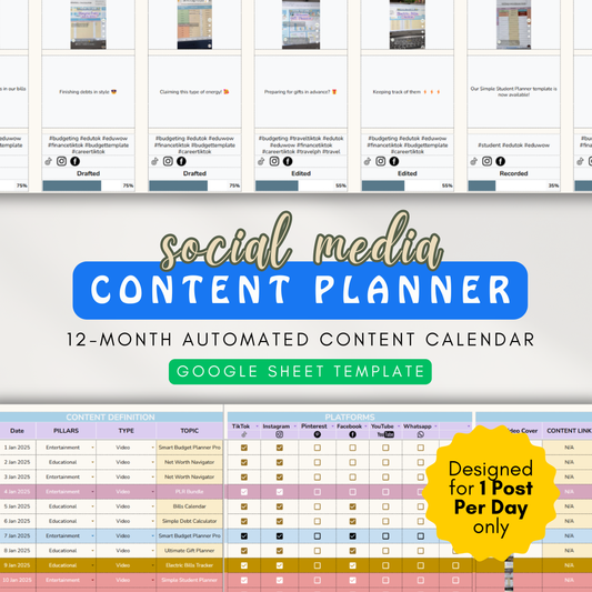 Social Media Content Planner | 1 Post Per Day 12-Month Content Calendar (Google Sheet Template)